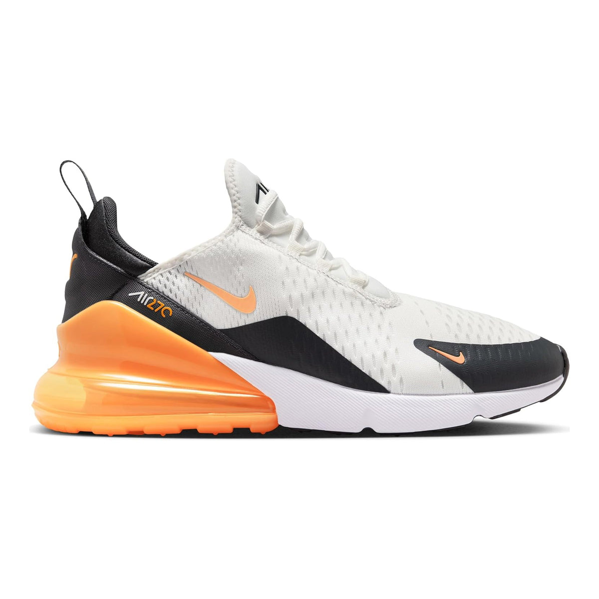 Men's Nike Air Max 270 sneakers in white and black with orange heel air unit and orange swoosh.