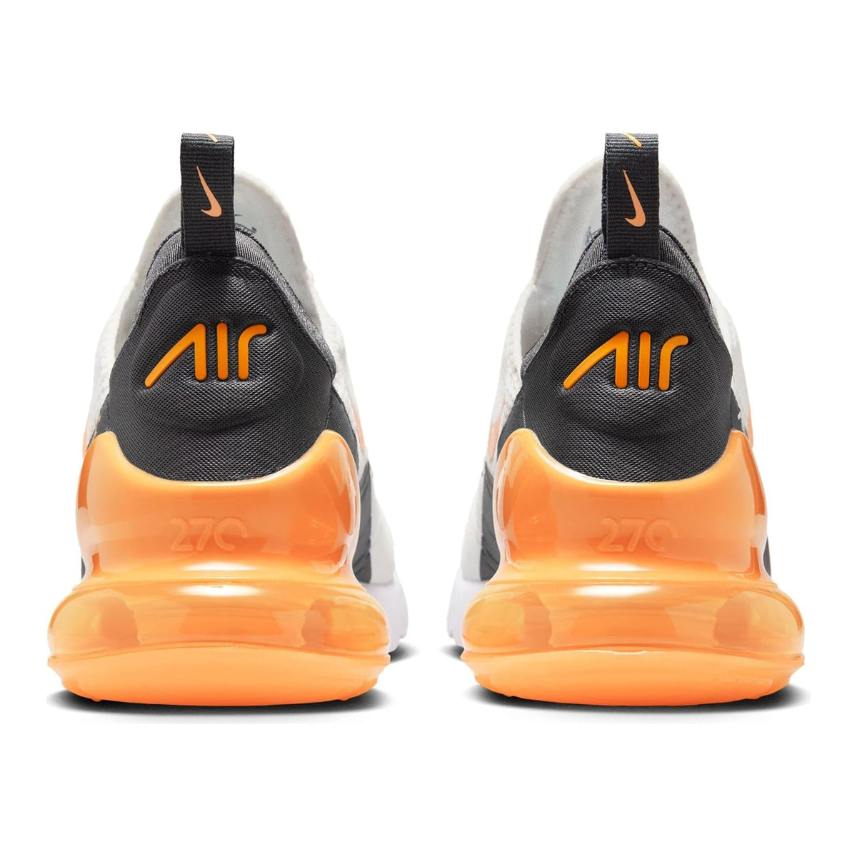 Men's Nike Air Max 270 sneakers with white uppers, orange heel air, black collar and swoosh.