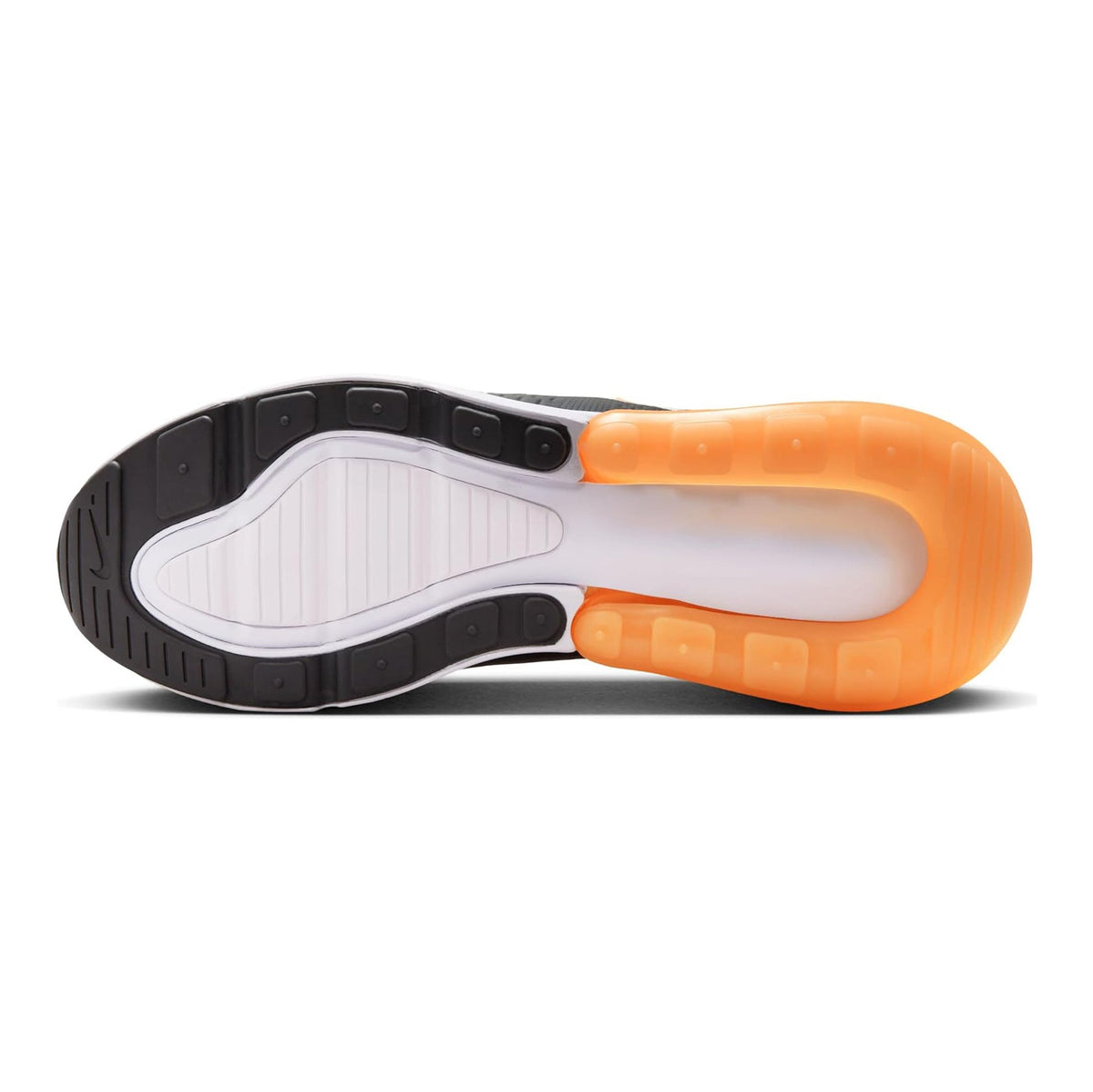 Men's Nike Air Max 270 sneakers outsole view with orange air unit and white midsole.