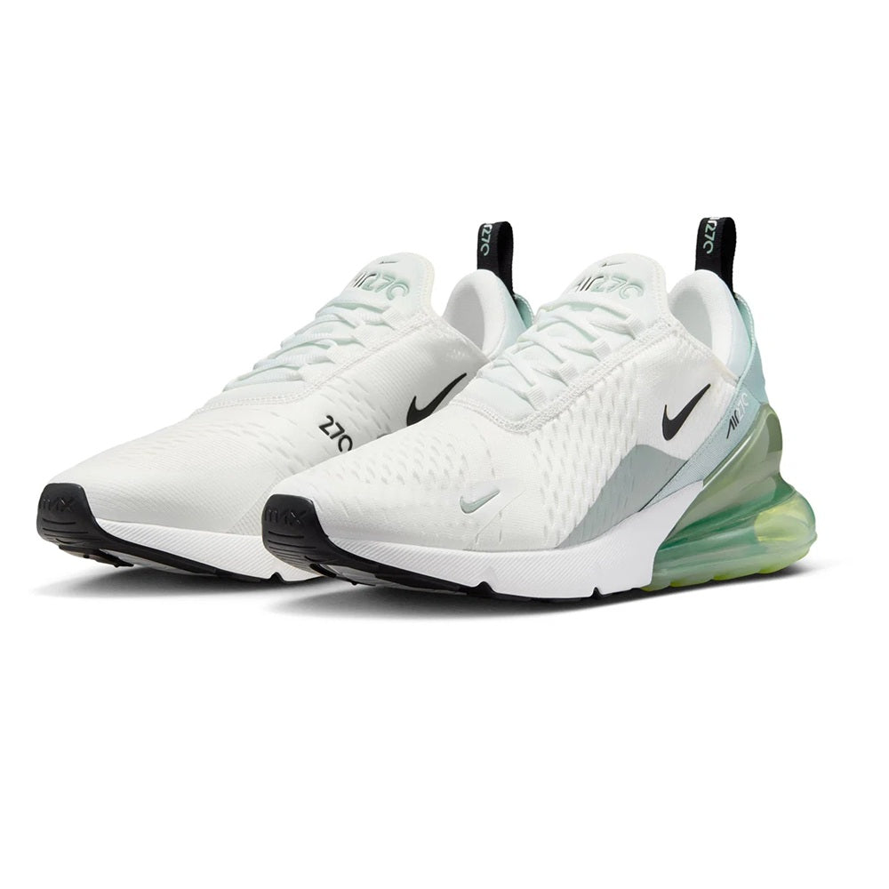 Men's Nike Air Max 270 low-top sneakers, white mesh with light blue panels and green sole