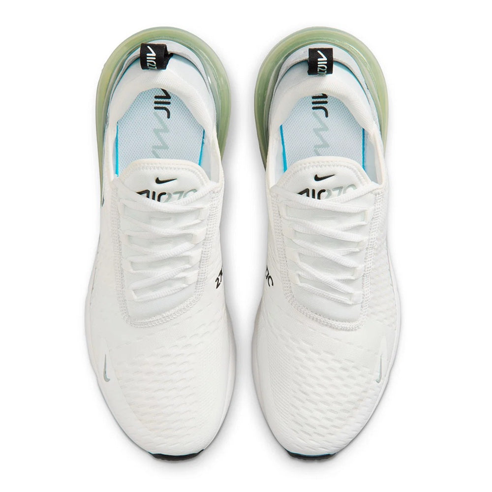 Men's Nike Air Max 270 lace-up sneakers, white uppers with light blue and black logos