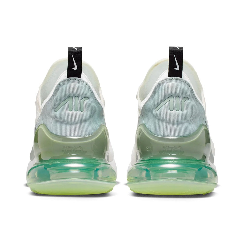 Men's Nike Air Max 270 heel view with black pull tab, white upper, and green air sole