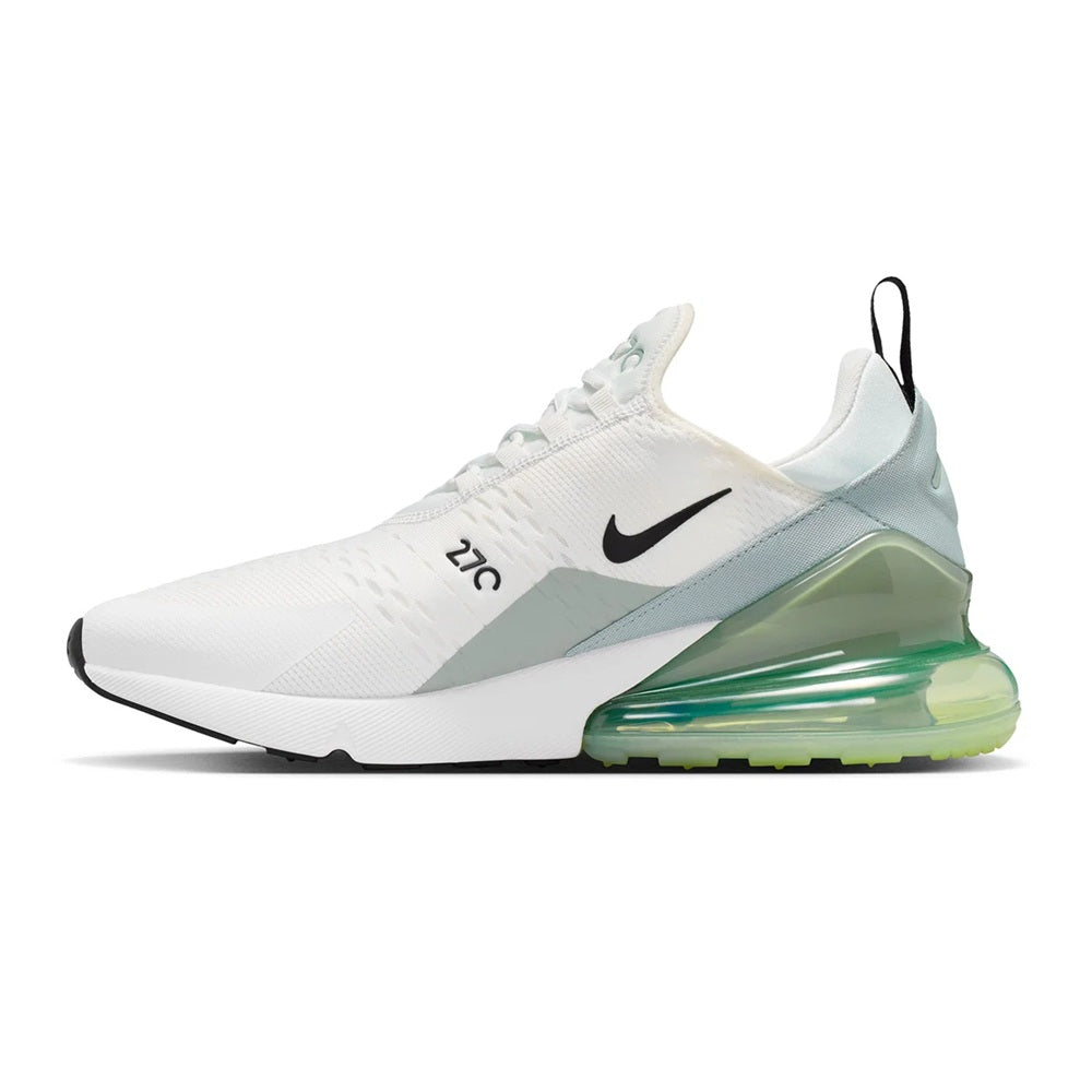 Men's Nike Air Max 270 sneakers in white with black accents and green air sole