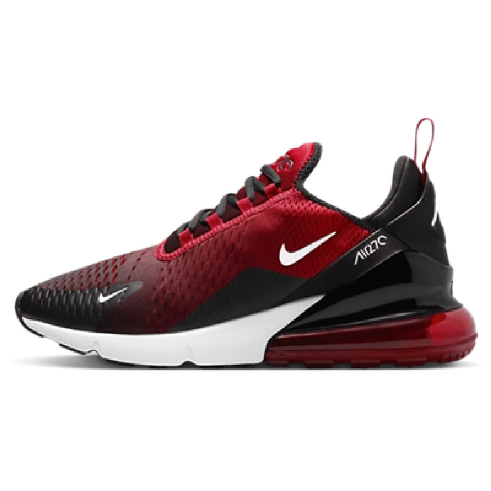 Men's Nike Air Max 270 sneakers, red and black mesh upper with air sole cushioning