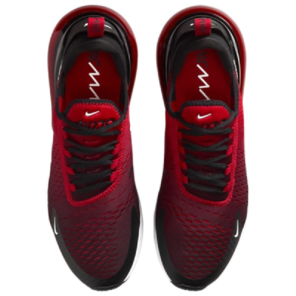 Men's Nike Air Max 270 sneakers, red lace-up upper with black trim and cushioned sole