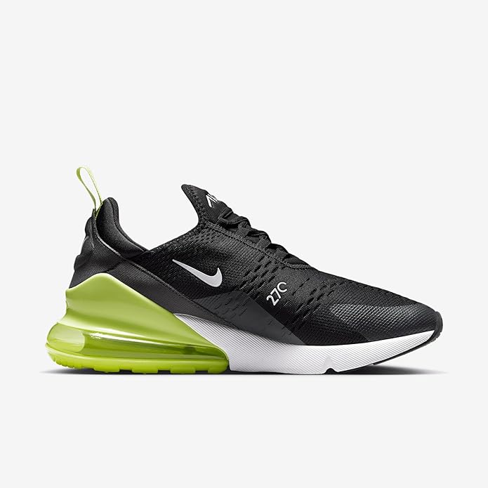 Nike Air Max 270 LT sneakers, side view: black knit upper with neon green heel