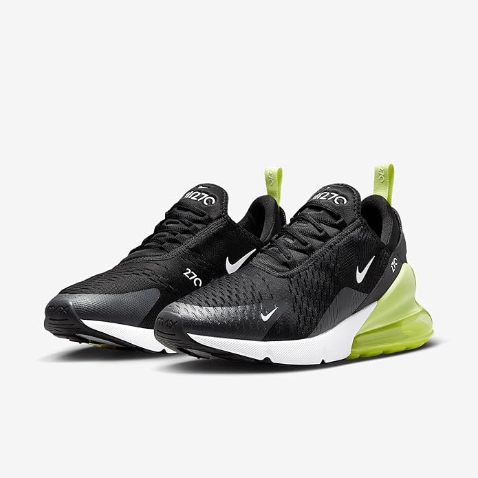 Nike Air Max 270 LT sneakers, 3/4 front: black laces, neon green heel Air unit