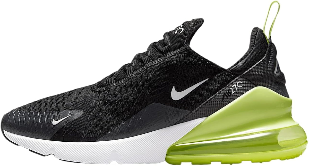 Nike Air Max 270 LT sneakers: black mesh, neon green Air unit, white midsole