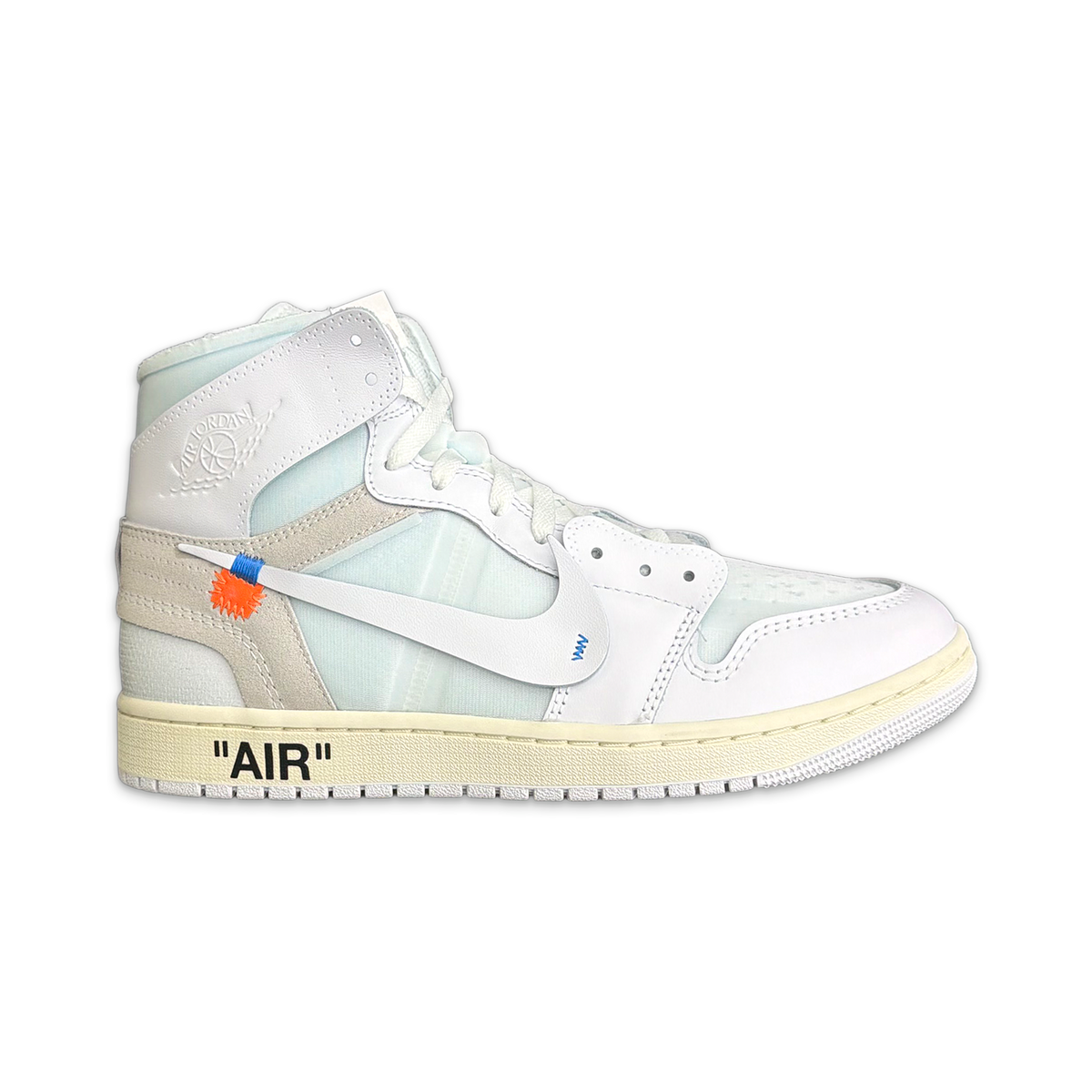 High-top leather sneaker in white with light blue panels and beige outsole, side stripe detail