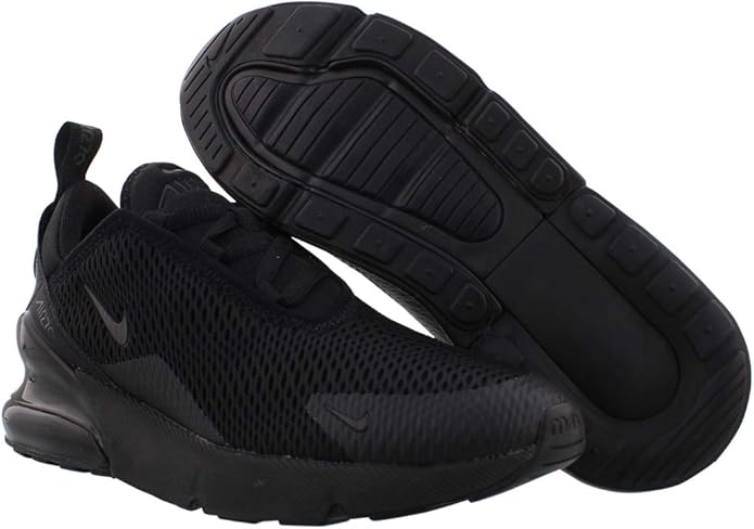 Kids' Nike Air Max 270 black sneaker with treaded outsole and Swoosh on side