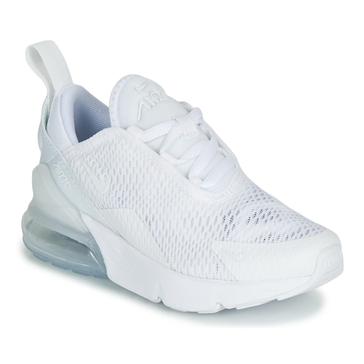 Kids Nike Air Max 270 sneakers, white knit upper, visible air unit and swoosh