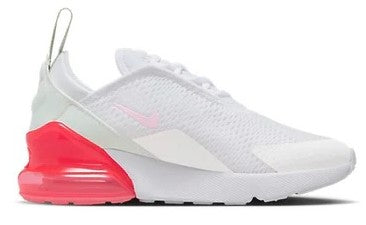 Kids' Nike Air Max 270 sneakers, white knit upper with red-pink heel air unit
