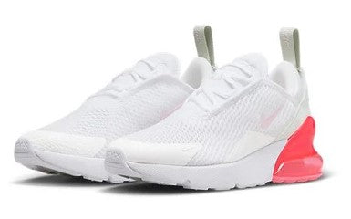 Kids' Nike Air Max 270 sneaker pair, white lace-up with pink heel air pod