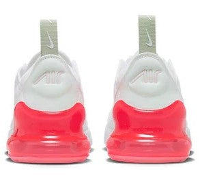 Kids' Nike Air Max 270 sneakers heel view, white with bright pink air sole