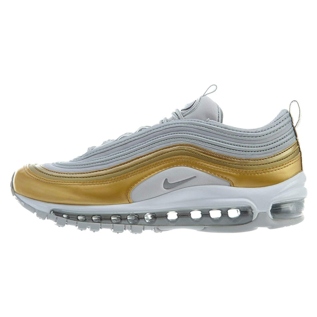 Women's Nike Air Max 97 sneakers, light gray with gold accents and Air window
