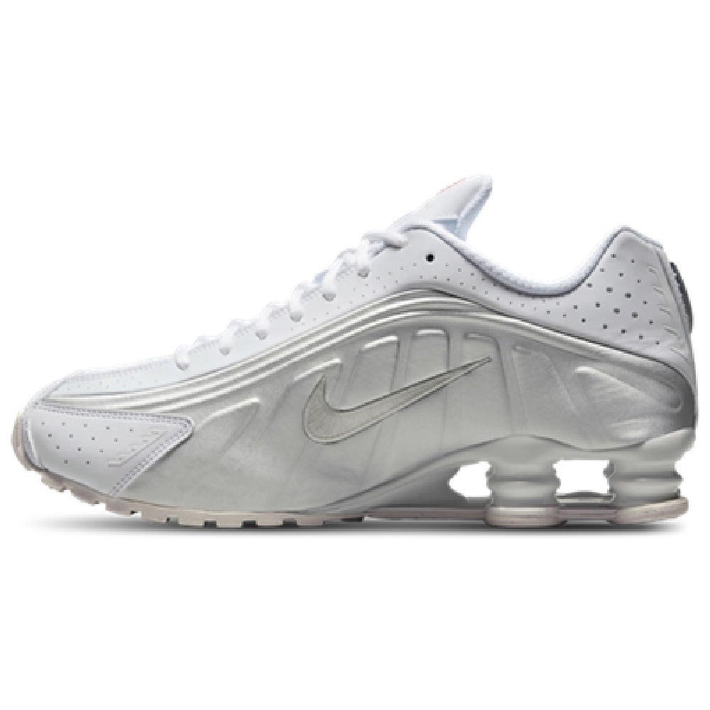 Women's Nike SHOX R4 sneakers, white leather with perforations and metallic silver Swoosh