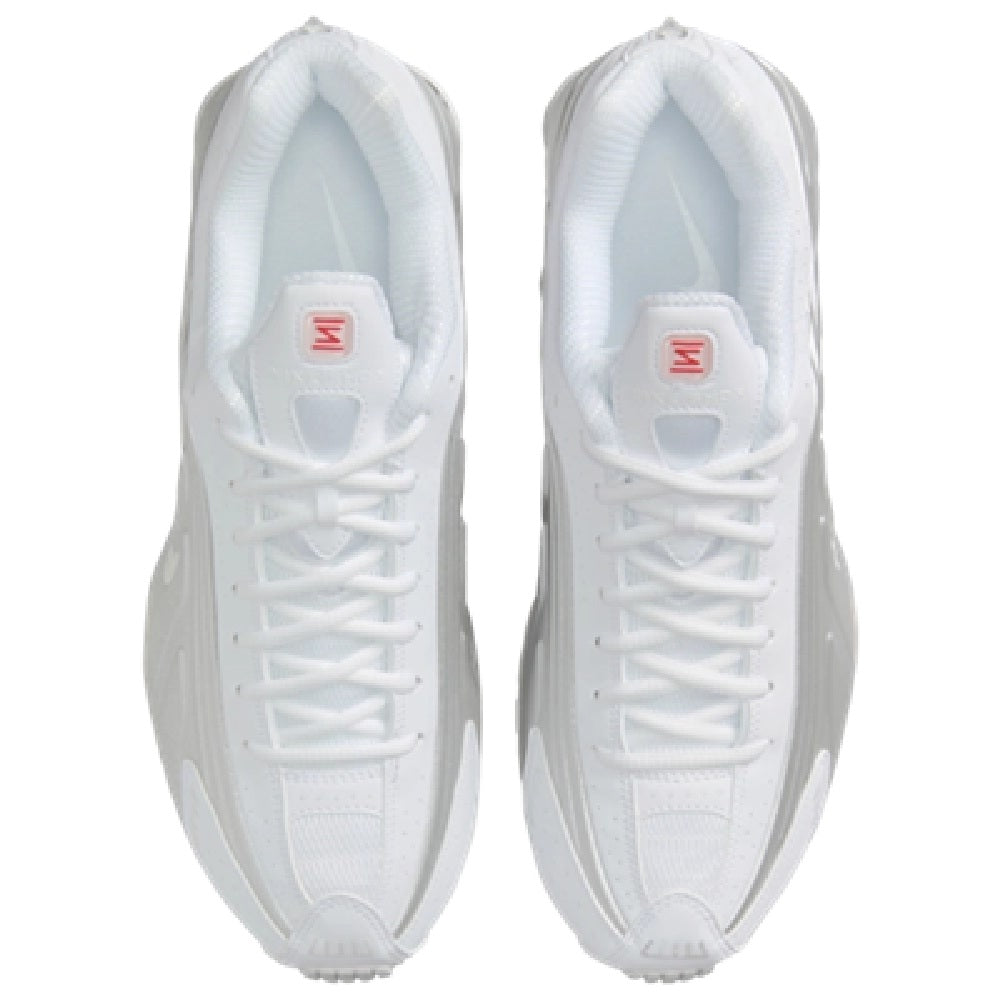 Women's Nike SHOX R4 sneakers, white laces and padded collar with red tongue logo