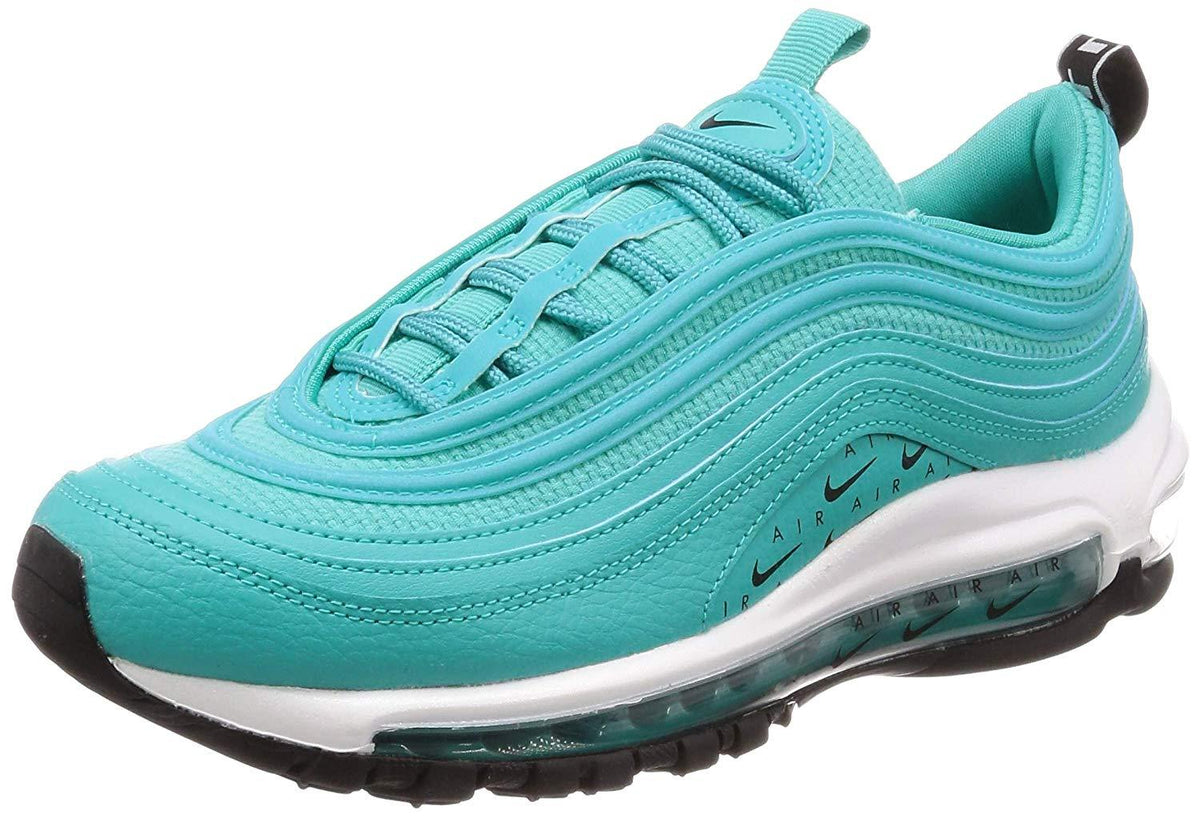 Turquoise running shoes with lace-up front, white midsole, and visible air unit outsole