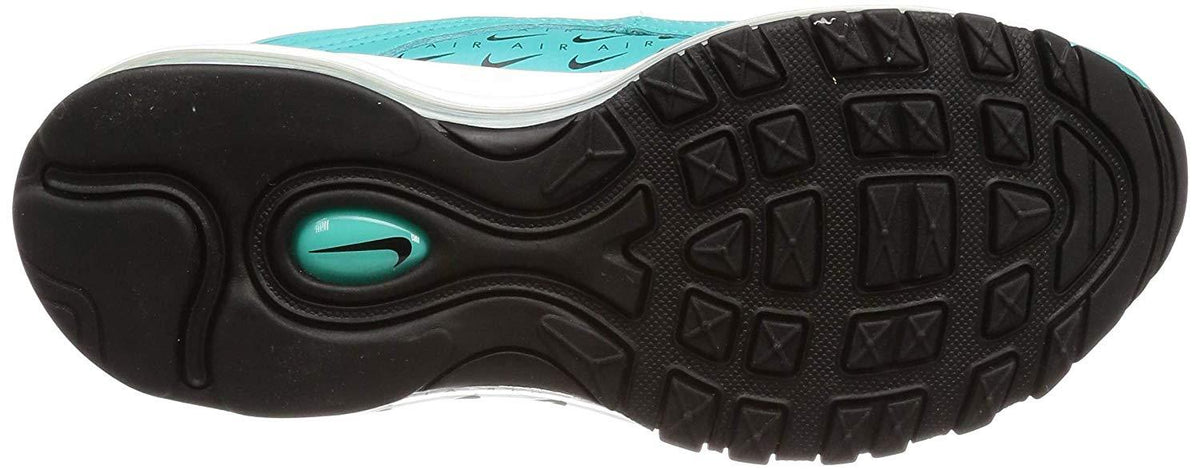 Black rubber outsole with textured traction and teal air pod detail on the bottom of sneaker