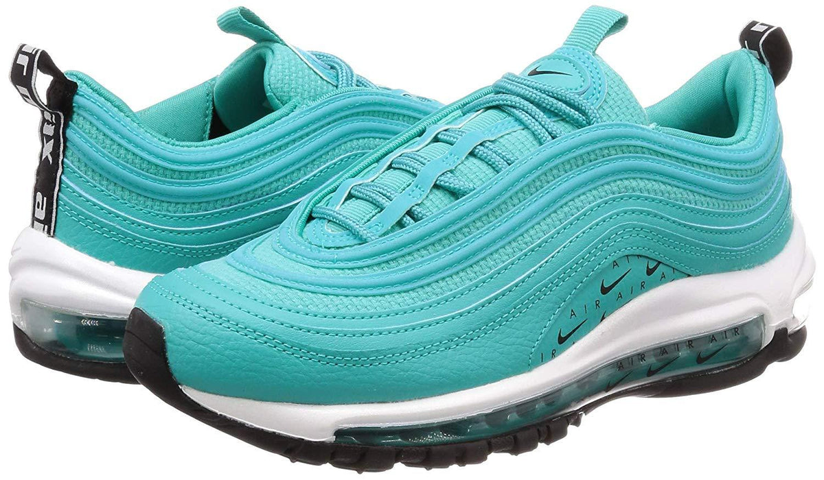 Turquoise lace-up Nike running shoe with swoosh, white midsole, and air unit at heel