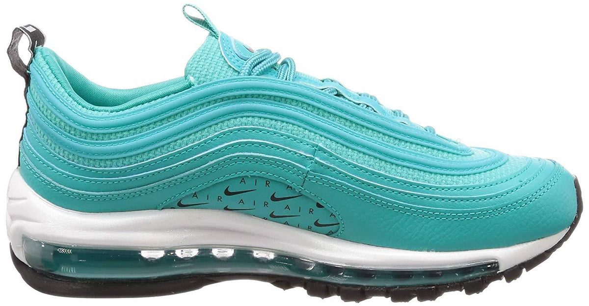 Turquoise sneaker side view with swoosh, white midsole, and translucent air sole section