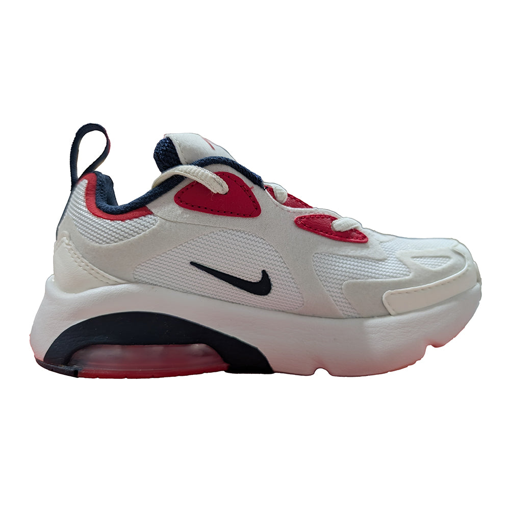 Kids' Nike Air Max 200 side view sneakers in white with red panels and navy collar