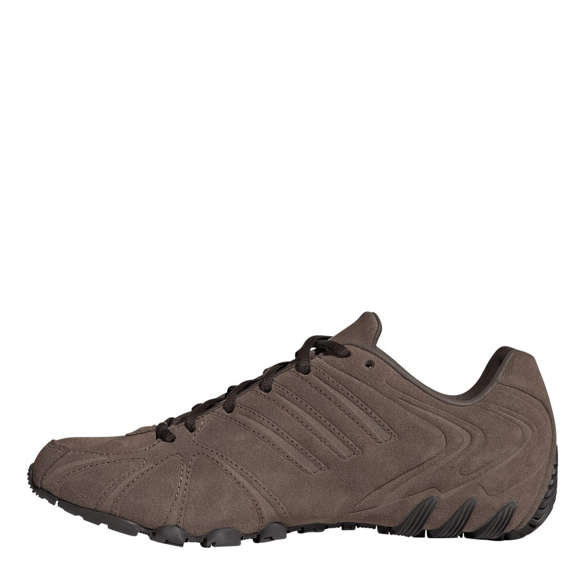 Brown lace-up running shoe side profile with ridged detailing and chunky rubber sole