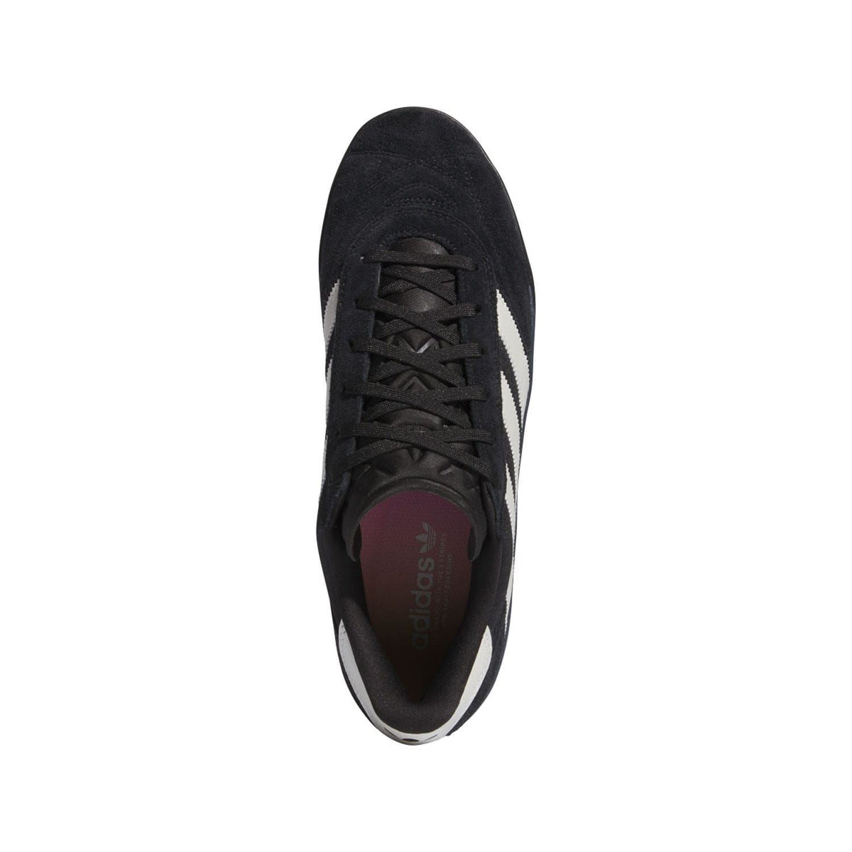Black adidas trainers with black laces and white logo detail at the tongue