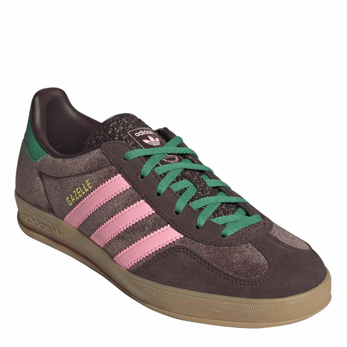 Dark brown Gazelle-style indoor trainers with pink stripes and green lace-up