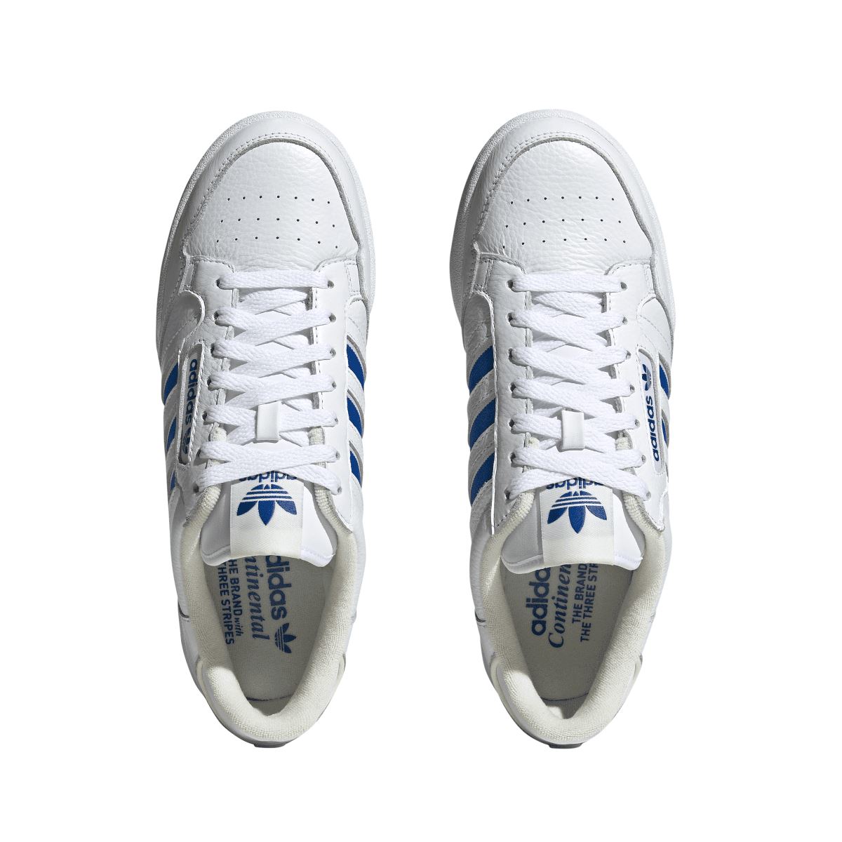 White adidas Continental 80 trainers, front view with laces and perforated toe box