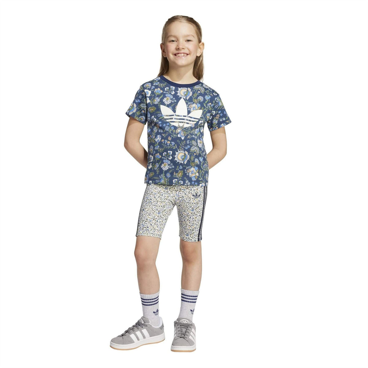Kids' navy floral t-shirt and patterned shorts set with white logo