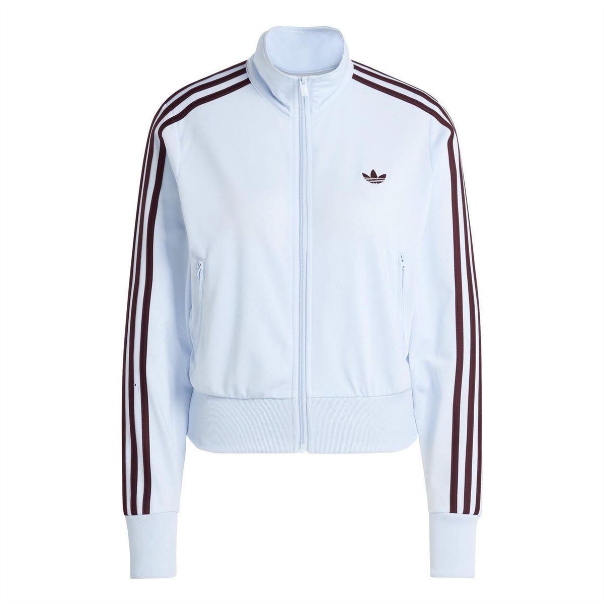Light blue women’s zip-front track jacket with burgundy side stripe and small logo.