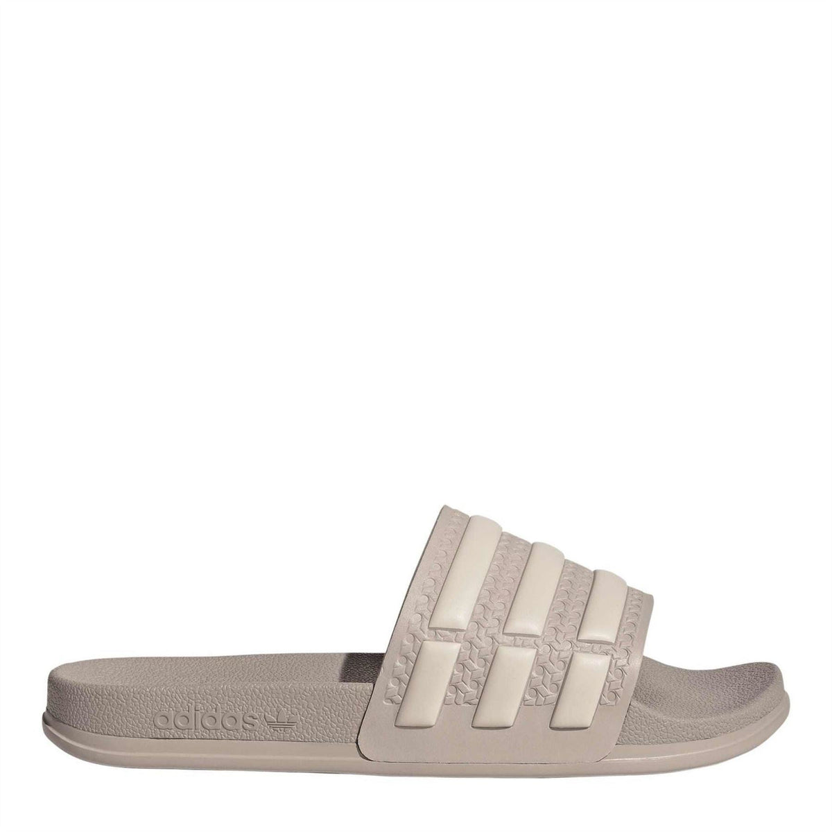 adidas taupe slide sandals with three wide strap bands and cushioned footbed