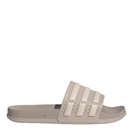 adidas taupe slide sandals with three wide strap bands and cushioned footbed