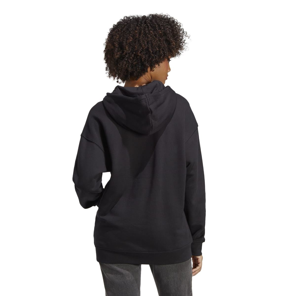 Black trefoil graphic hoody, rear view with hood and full sleeves