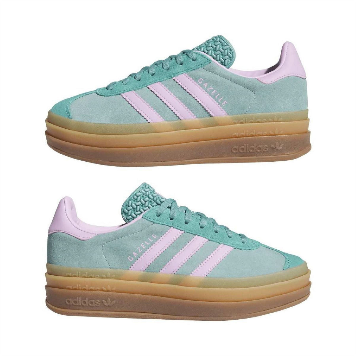 Gazelle Bold trainers pair view: teal upper, pink-purple stripes, textured heel tab, gum sole