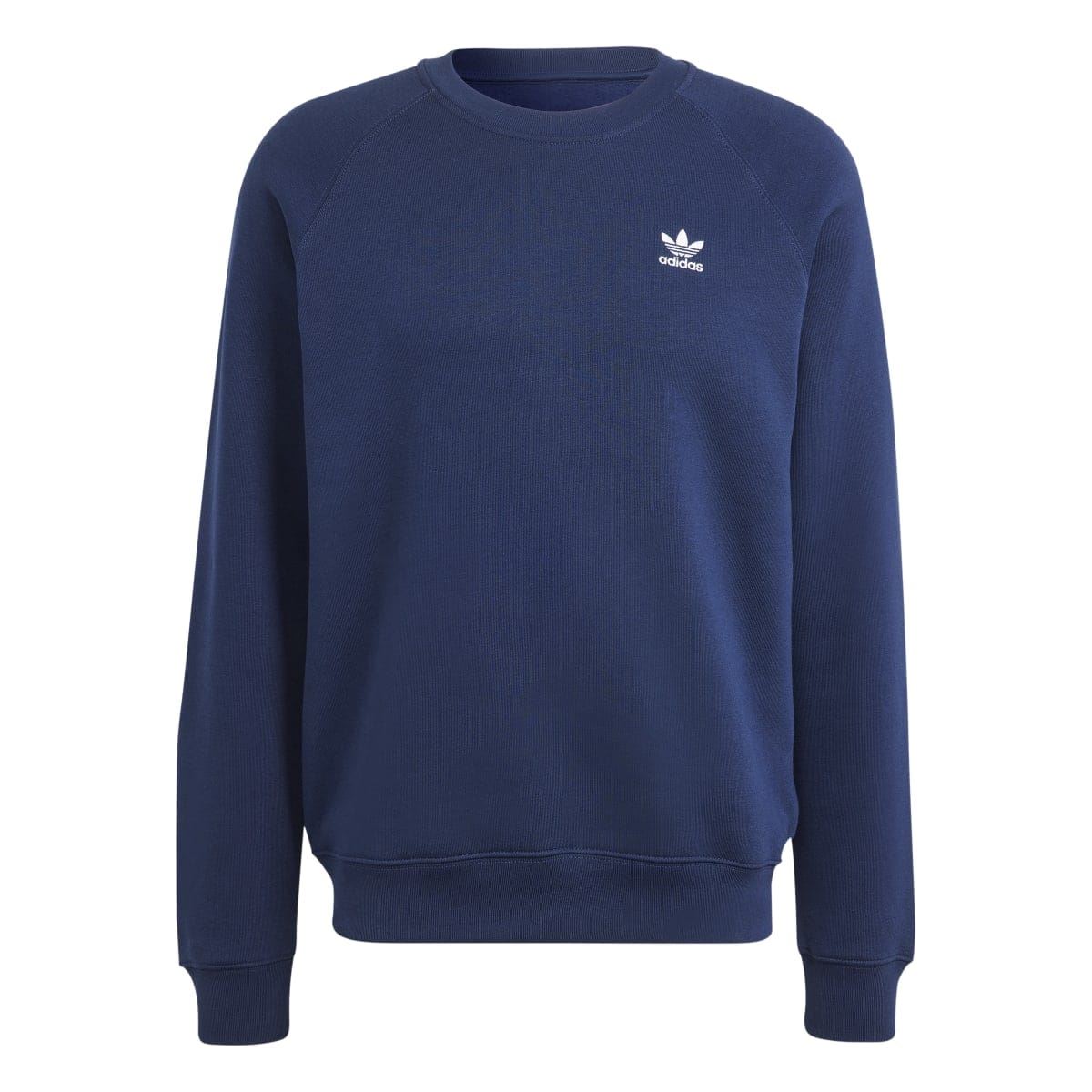 Navy crewneck sweatshirt with adidas trefoil logo at chest