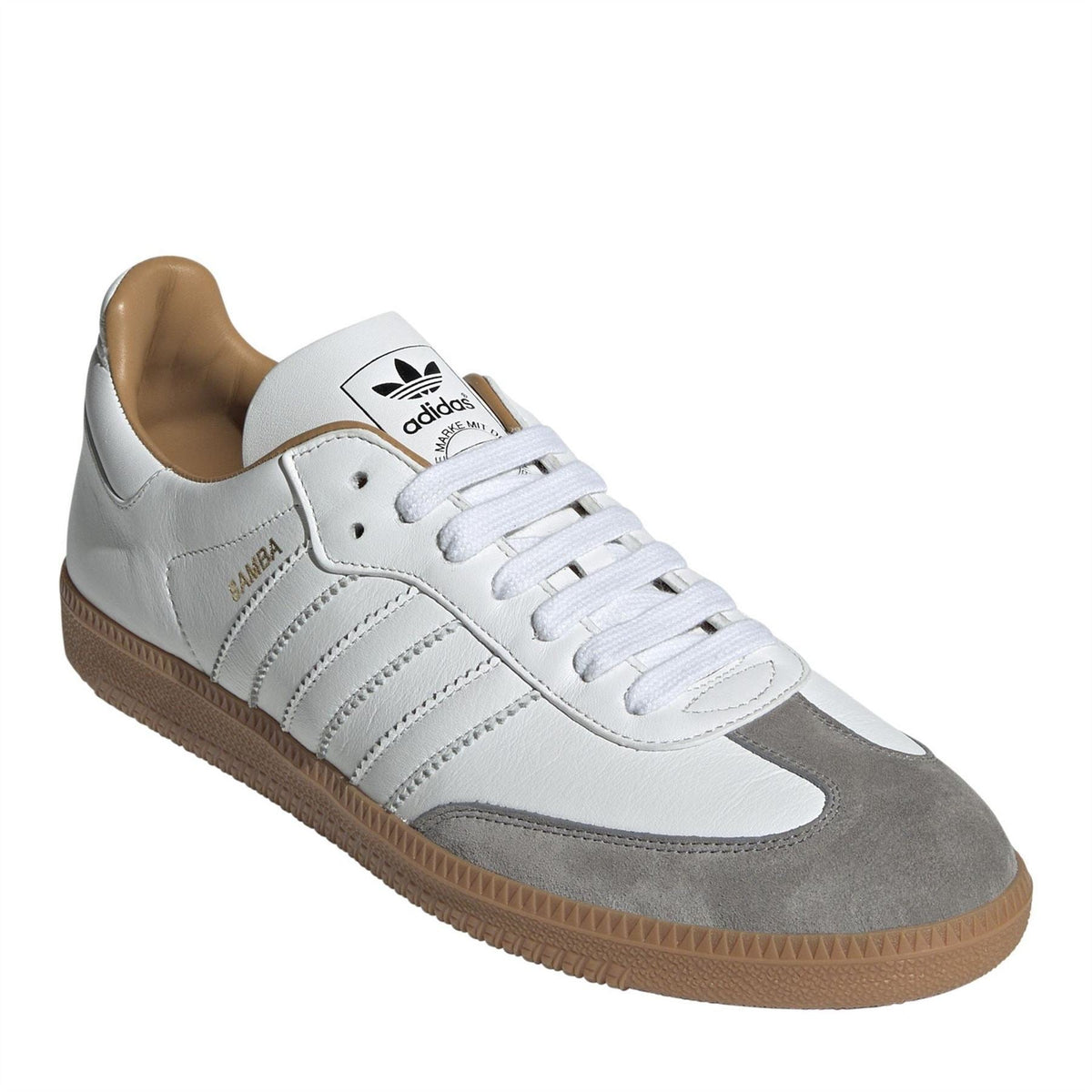 White leather and gray suede low-top sneakers, lace-up with gum rubber sole