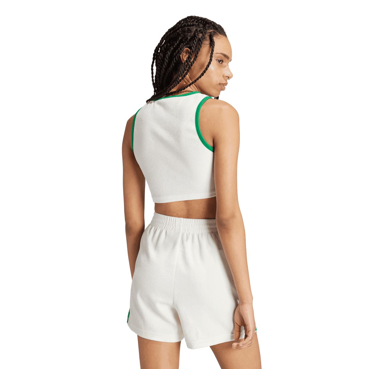 Off-white cropped tank top back view with green crew neckline trim