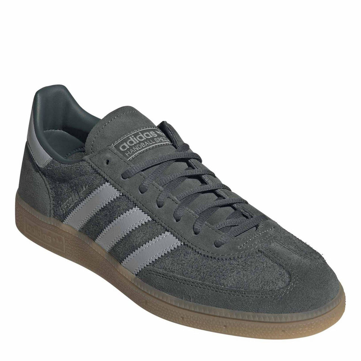 adidas Handball Spezial trainers, dark grey suede with “Spezial” label, lace-up, gum sole