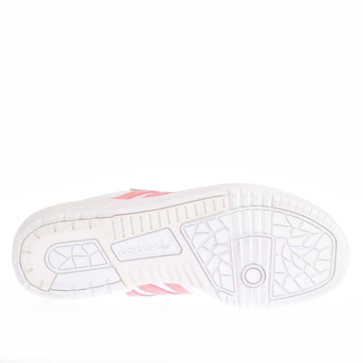 White adidas Rivalry Low outsole with tread pattern and coral logo detail