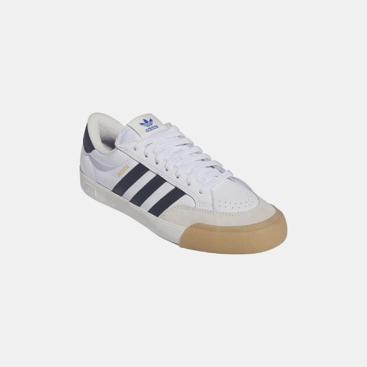 adidas Originals Nora trainers, side view in white with navy stripes and gum sole