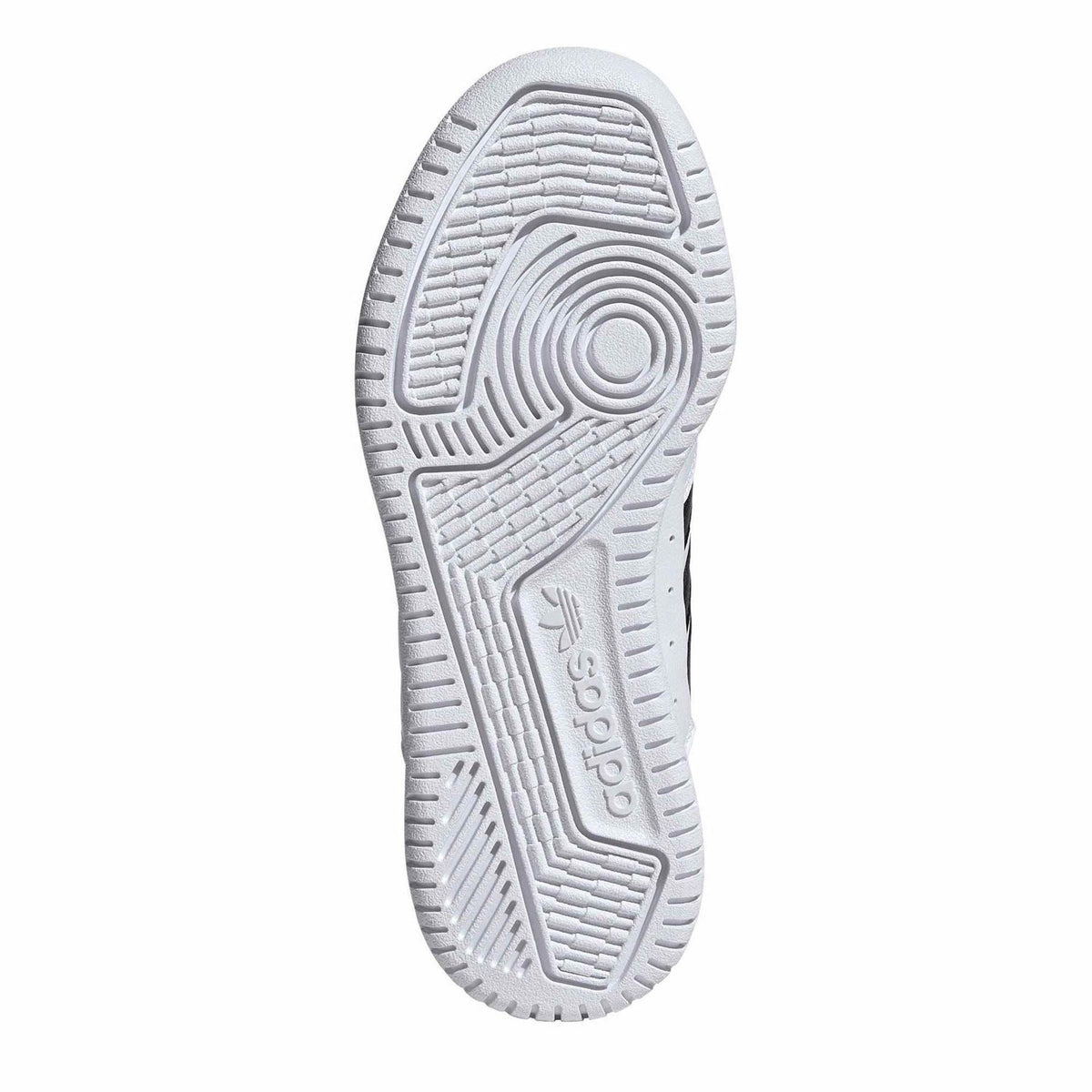 Kids' white adidas sneakers outsole with textured tread, bottom view