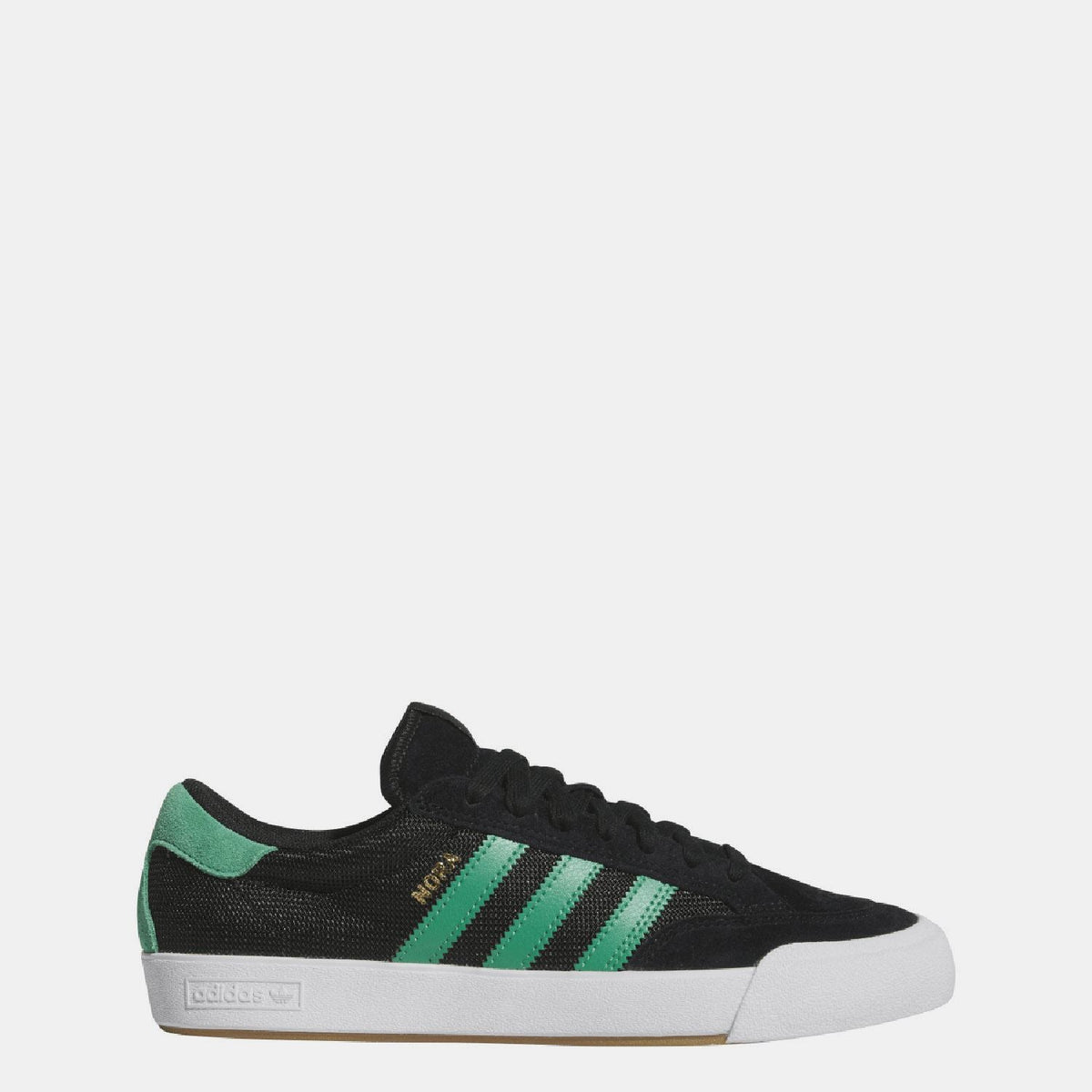 Black adidas Nora trainers with green stripes and white midsole, front 3/4 view