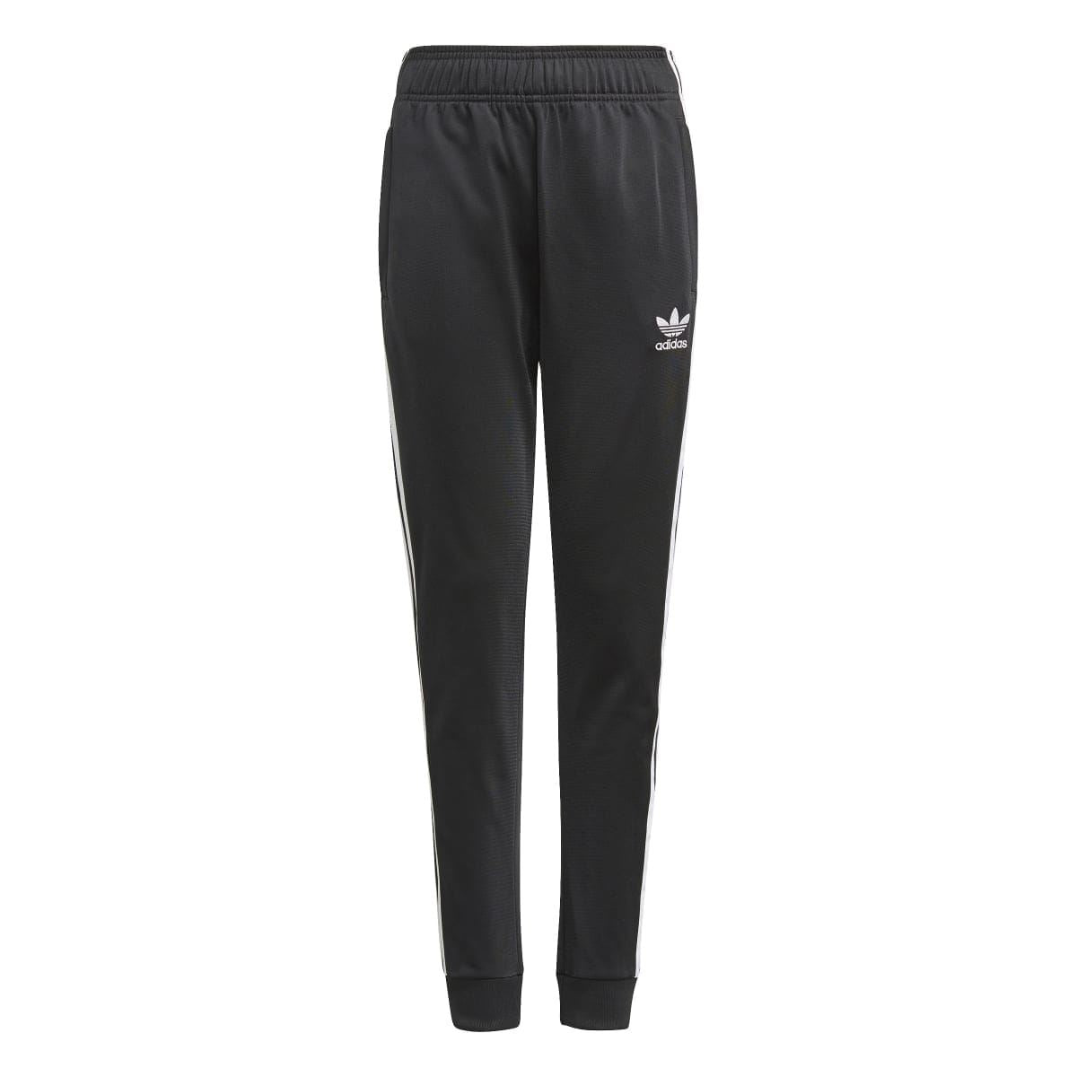 Junior track pants with elastic waist, black fabric and white side stripes, adidas trefoil