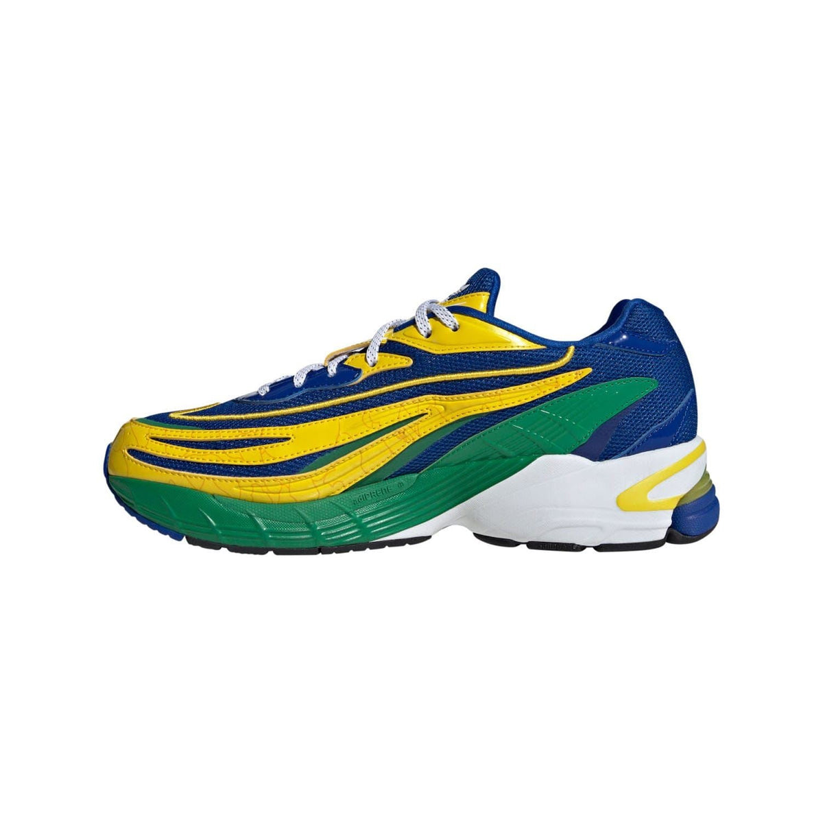 Side view trainers with blue upper, yellow accents, green swoosh-style stripe, white sole