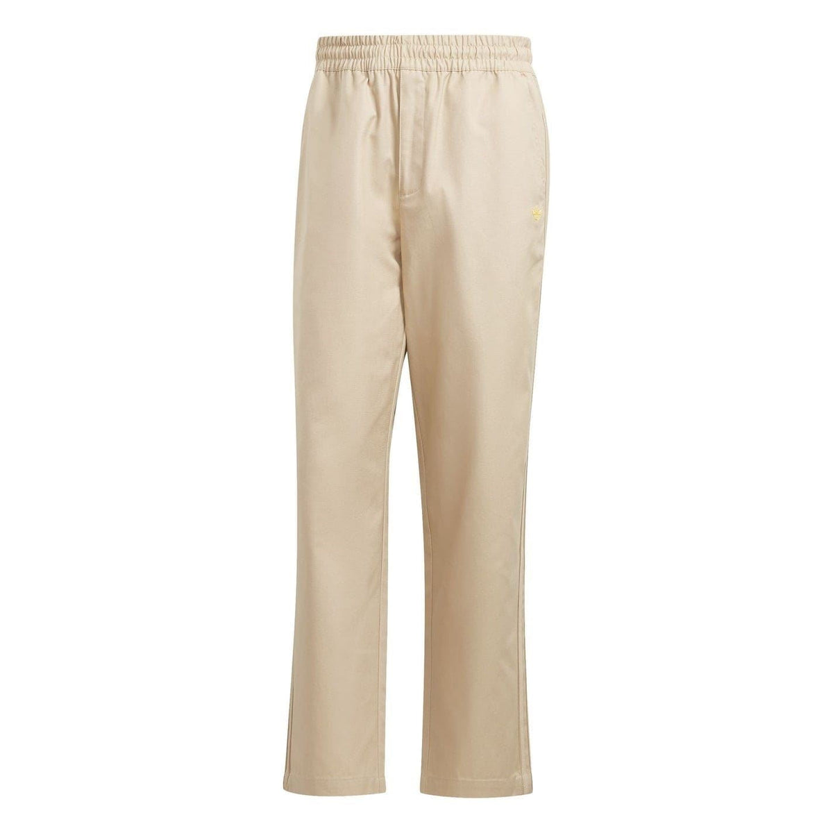 Beige drawstring chinos with elastic waistband, side pockets, and straight-leg fit