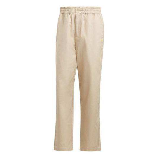 Beige drawstring chinos with elastic waistband, side pockets, and straight-leg fit