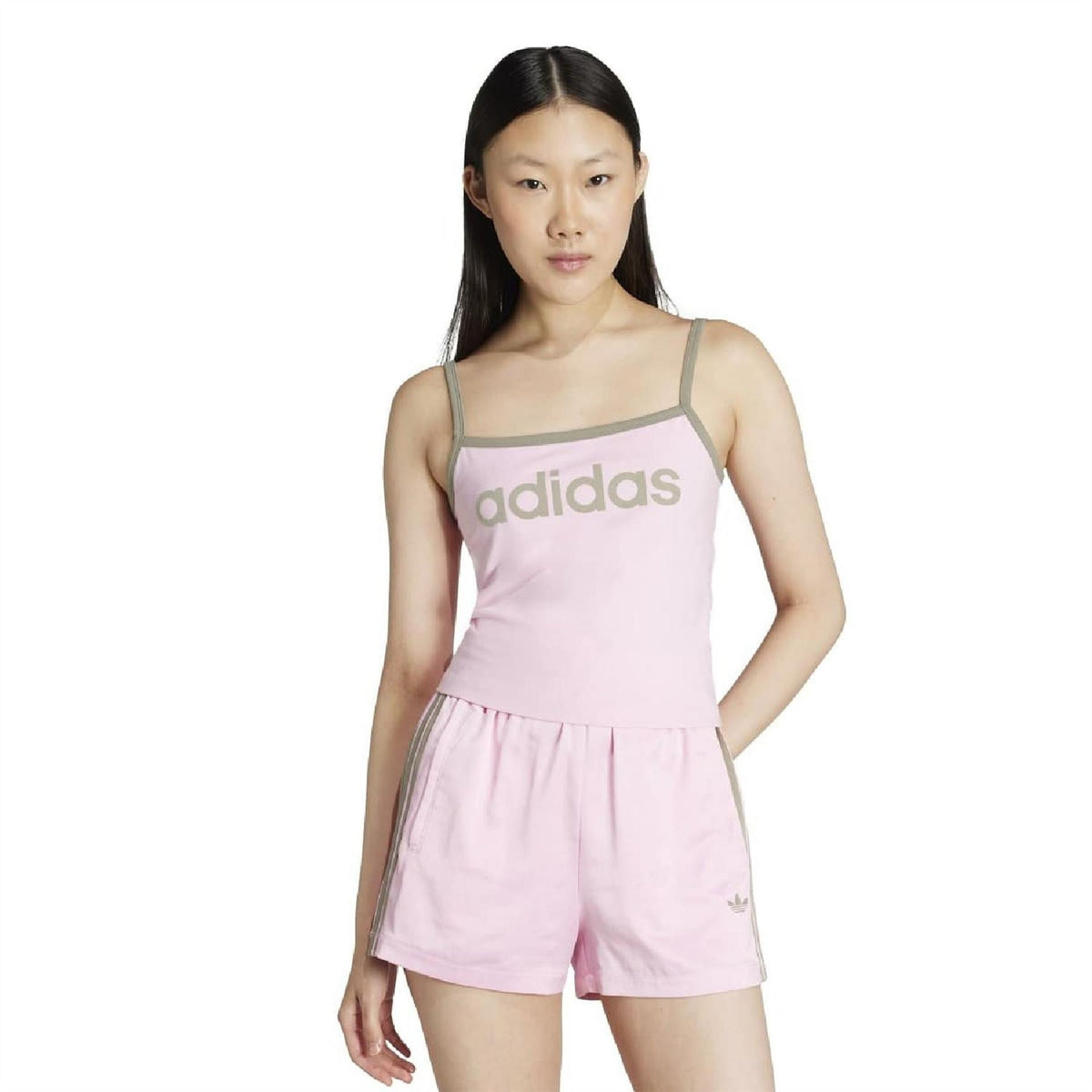 Pink Adidas Originals tank top with large 'adidas' logo and thin shoulder straps