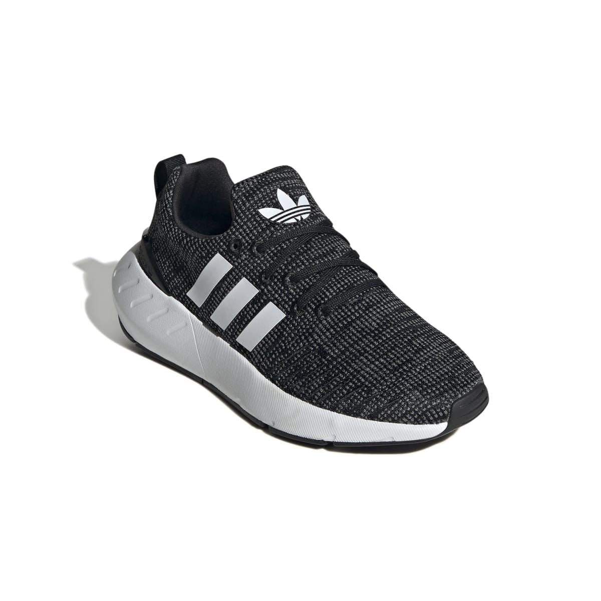 Junior adidas Swift Run 22 trainers, black knit, white tongue logo, white 3-Stripes, laces.